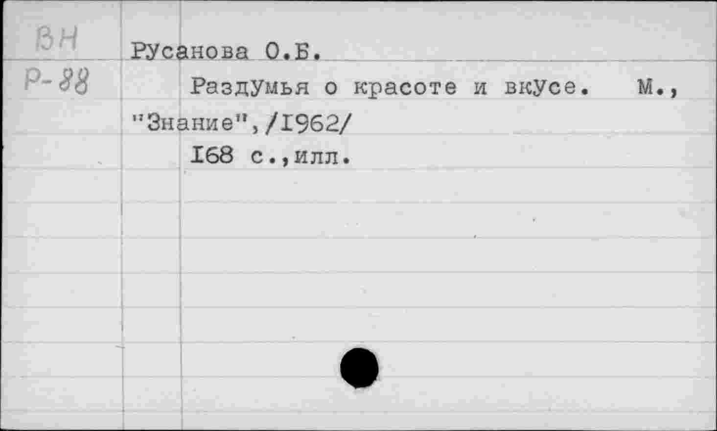 ﻿15Н		анова О.Б.	
Р-88			
		Раздумья о красоте и вкусе.	М.,
	"Знание”,/1962/		
		168 с.,илл.	
			
			